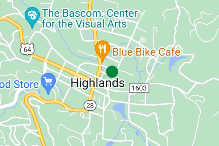 Contact - Close up of Highlands, North Carolina on a Map